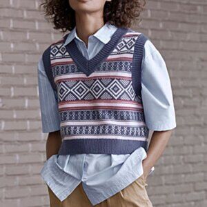 Retro blue and blush Fair Isle jacquard preppy sweater vest NWOT